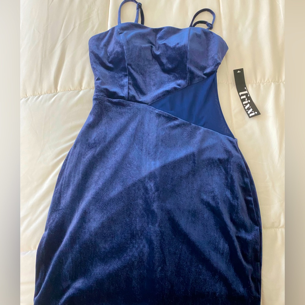 TRIXXI Blue Velvet mini mesh cut out dress spaghetti strap bodycon size small